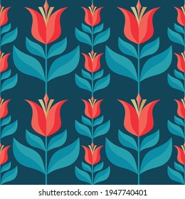 Decorative background design. Flowers and leaves mid-century modern vector artwork. Abstract geometric seamless pattern. Decoration floral ornament in retro vintage design style. Red tulip flowers.