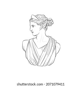 Decorative background with Diana of Versailles (bust). Black and white illustration. Vector.