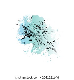 Decorative background with diving gannet and watercolor splashes. Vector illustration.