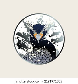 Decorative background with double-crested cormorant (head) in circle. Card template design. Vector illustration.