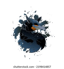 Decorative background with double-crested cormorant (head). Card template design. Vector illustration.