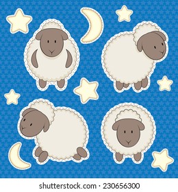 Decorative background elements for kid / With sheep and stars / Night