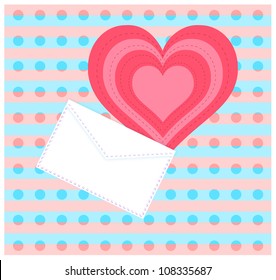 Decorative background with envelope and heart. Dotted and striped backdrop. Eps 10 vector. Contains Adobe Illustrator's Drop Shadow.