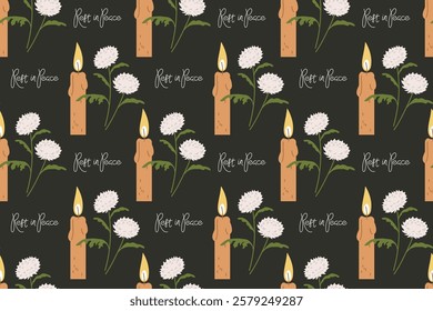 Decorative background featuring candles and flowers with rest in peace message