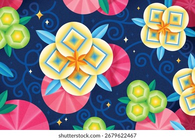 Dekorativer Hintergrund mit geometrischen floralen Formen, runden Ornamenten, grünen Blüten und Sternenfunkeln auf dunkelblauem Hintergrund