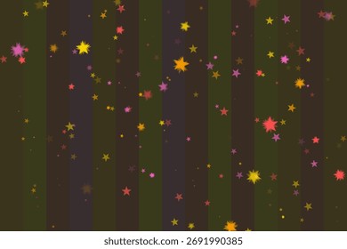 Decorative background featuring multicolored star patterns; shades of red, yellow and pink on a brown and dark striped layout.