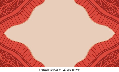 Un fondo decorativo con motivos étnicos rojos o de estilo batik en las esquinas, creando un marco ondulado único con un amplio espacio de copia beige en el centro para el texto.