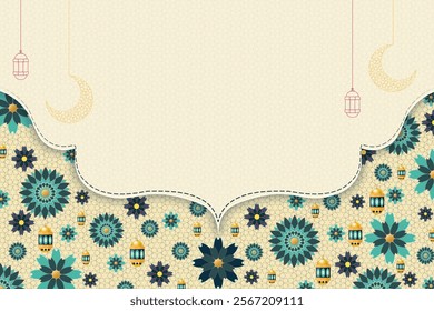 A decorative background featuring traditional lanterns and floral elements, perfect for Islamic celebrations including Ramadan, Eid festivals, and Hari Raya. 