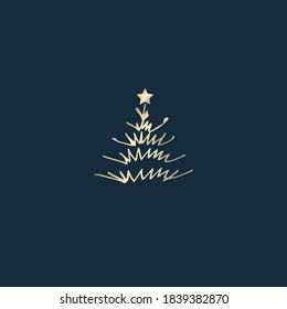 Dekorativer Hintergrund mit Tannenbaum und Stern. Goldene Rahmenfichte auf dunklem Hintergrund. Vektorgrafik.