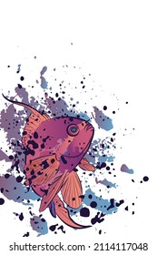 Decorative background with fish (Anthias anthias) and splashes. Card template design. Vector illustration.