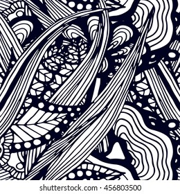 Decorative background. Floral pattern of flowers and leaves. Handmade drawing. Zentangle style.