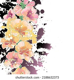 Decorative background with flowers (Antirrhinum) and splashes. Card template design. Vector illustration.