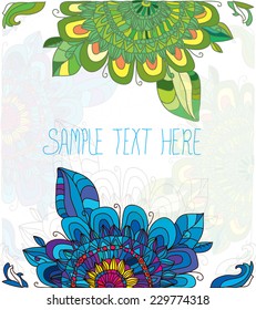 decorative background with flowers hand painted in bright text,blue and green flowers