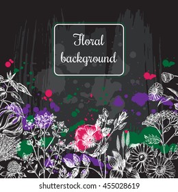 Decorative background with flowers and herbs. Template for invitation or posters. Vector illustration.