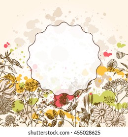 Decorative background with flowers and herbs. Template for invitation or posters. Vector illustration.