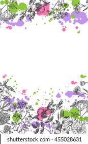 Decorative background with flowers and herbs. Template for invitation or posters. Vector illustration.