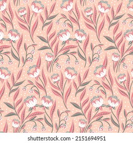 Decorative background with flowers, leaves on a branch. Seamless pattern, modern botanical print in traditional folk style. Romantic floral surface in pastel pink colors. Vector.
