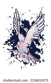 Decorative background with flying dove and splashes. Card template design. Vector illustration.