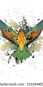 Decorative background with flying european bee-eater (back view). Card template design. Vector illustration.