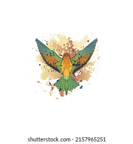 Decorative background with flying european bee-eater (back view) and splashes. Card template design. Vector illustration.