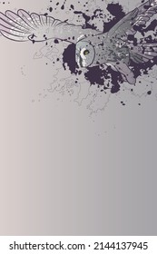 Dekorativer Hintergrund mit fliegender grauer Eule. Kartenvorlagendesign. Vektorgrafik.