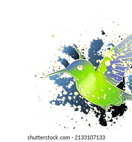Decorative background with flying green bird (hummingbird). Card template design. Vector illustration.