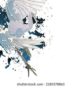 Decorative background with flying heron and splashes. Card template design. Vector illustration.