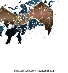 Decorative background with flying large flying fox and splashes. Card template design. Vector illustration.