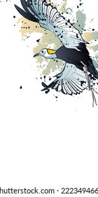 Decorative background with flying pheasant-tailed jacana. Card template design. Vector illustration.