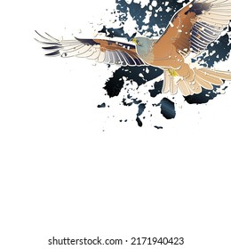 Decorative background with flying red kite and splashes. Card template design. Vector illustration.
