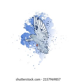 Decorative background with flying white dove and blue splashes. Card template design. Vector illustration.