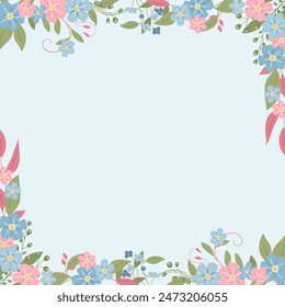 Decorative background with forget-me-nots. Floral composition, an elegant decoration for greeting cards to be used for Mother's Day, weddings, anniversaries or other celebrations.