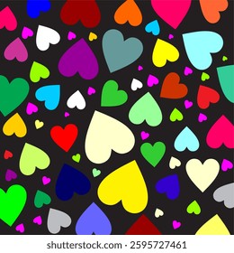 Decorative background in the form of several colorful hearts and black background, wallpaper, gift wrap, decorative illustration for interiors.
