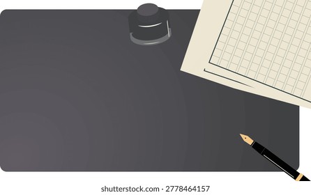 Decorative background frame illustration featuring partially visible Japanese manuscript paper (genkou yoshi), a fountain pen, and an ink bottle with copy space. Ideal for literature, stationery, editorial, writing, and creative design themes.