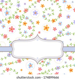 Decorative background with frame and multicolored flowers on white