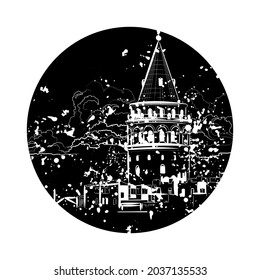 Decorative background with Galata tower in black circle. Urban sketch with landscape of the Istanbul, Turkey. Graphic drawing. Vector illustration.