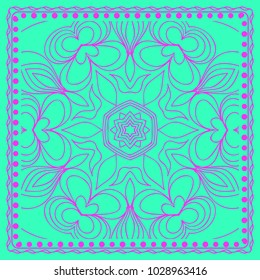 Decorative background, geometric floral pattern with ornate lace frame. Vector illustration. Bandanna shawl, fabric print, silk neck scarf, tablecloth design