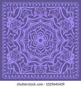 Decorative background, geometric floral pattern with ornate lace frame. Vector illustration. Bandanna shawl, fabric print, silk neck scarf, tablecloth design