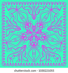 Decorative background, geometric floral pattern with ornate lace frame. Vector illustration. Bandanna shawl, fabric print, silk neck scarf, tablecloth design
