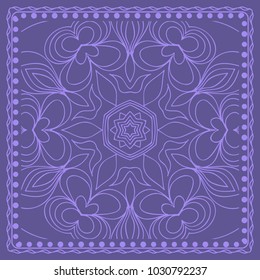 Decorative background, geometric floral pattern with ornate lace frame. Vector illustration. Bandanna shawl, fabric print, silk neck scarf, tablecloth design