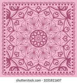 Decorative background, geometric floral pattern with ornate lace frame. Vector illustration. Bandanna shawl, fabric print, silk neck scarf, tablecloth design