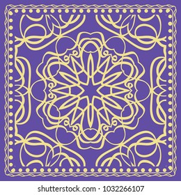 Decorative background, geometric floral pattern with ornate lace frame. Vector illustration. Bandanna shawl, fabric print, silk neck scarf, tablecloth design