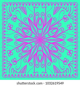 Decorative background, geometric floral pattern with ornate lace frame. Vector illustration. Bandanna shawl, fabric print, silk neck scarf, tablecloth design