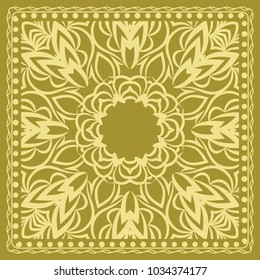 Decorative background, geometric floral pattern with ornate lace frame. Vector illustration. Bandanna shawl, fabric print, silk neck scarf, tablecloth design
