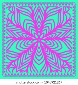 Decorative background, geometric floral pattern with ornate lace frame. Vector illustration. Bandanna shawl, fabric print, silk neck scarf, tablecloth design