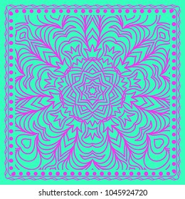 Decorative background, geometric floral pattern with ornate lace frame. Vector illustration. Bandanna shawl, fabric print, silk neck scarf, tablecloth design