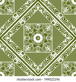 Decorative background, geometric floral pattern with ornate lace frame. Bandanna shawl, fabric print, silk neck scarf, tablecloth design