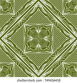 Decorative background, geometric floral pattern with ornate lace frame. Bandanna shawl, fabric print, silk neck scarf, tablecloth design