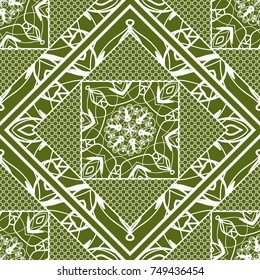 Decorative background, geometric floral pattern with ornate lace frame. Bandanna shawl, fabric print, silk neck scarf, tablecloth design