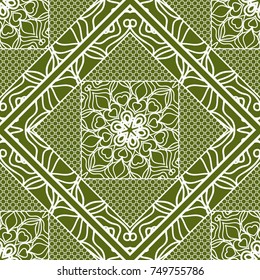 Decorative background, geometric floral pattern with ornate lace frame. Bandanna shawl, fabric print, silk neck scarf, tablecloth design